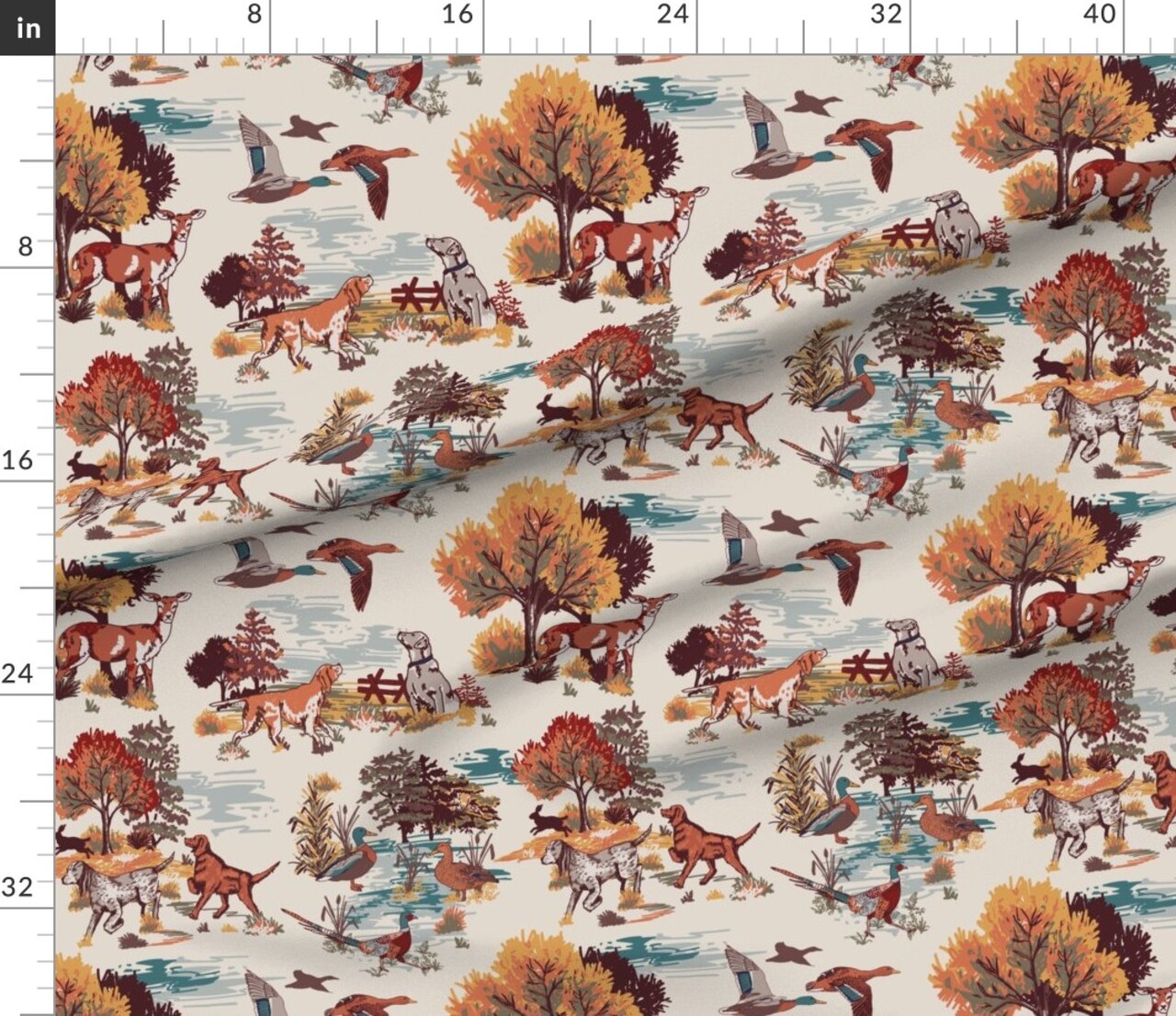 Cabincore Classic Autumn Wildlife Sporting Dogs Lodge Vintage Duck Hunt Toile Traditional Rustic Mallard Deer Autumn Fall Farmhouse Hunting Custom Printed Fabric by Spoonflower Various Fabrics by the Yard or Fat Quarter